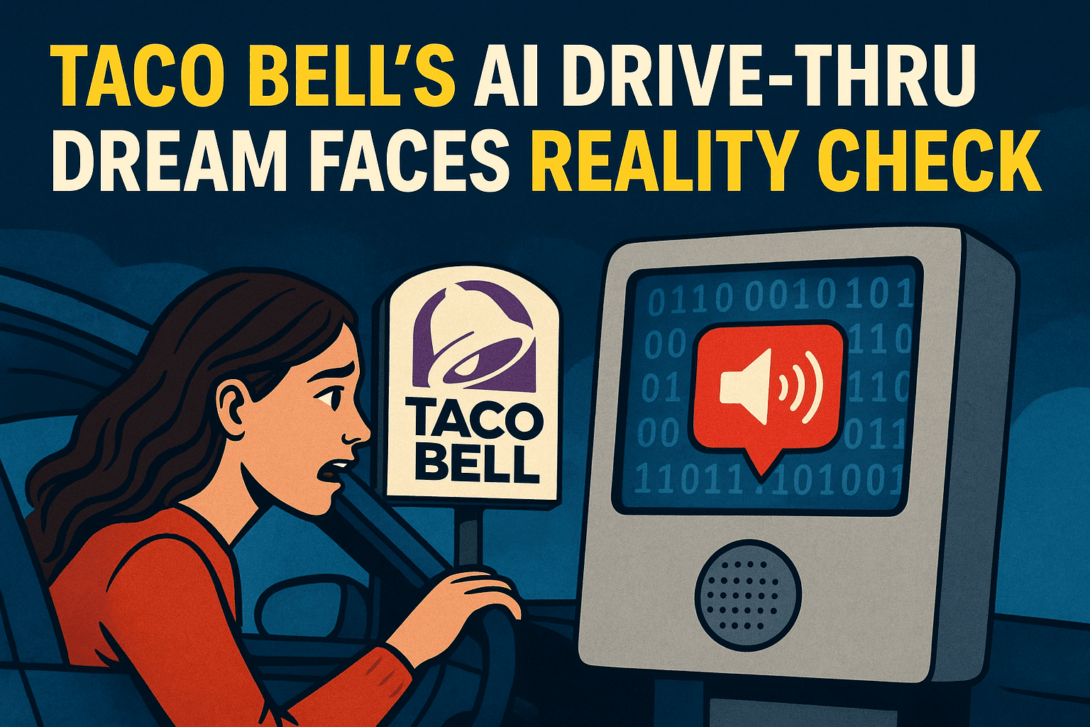 A digital illustration of a Taco Bell drive-thru menu board with an AI voice system interface, showing a car ordering food while error messages and confused icons appear on screen, highlighting technology glitches in a busy fast-food setting.