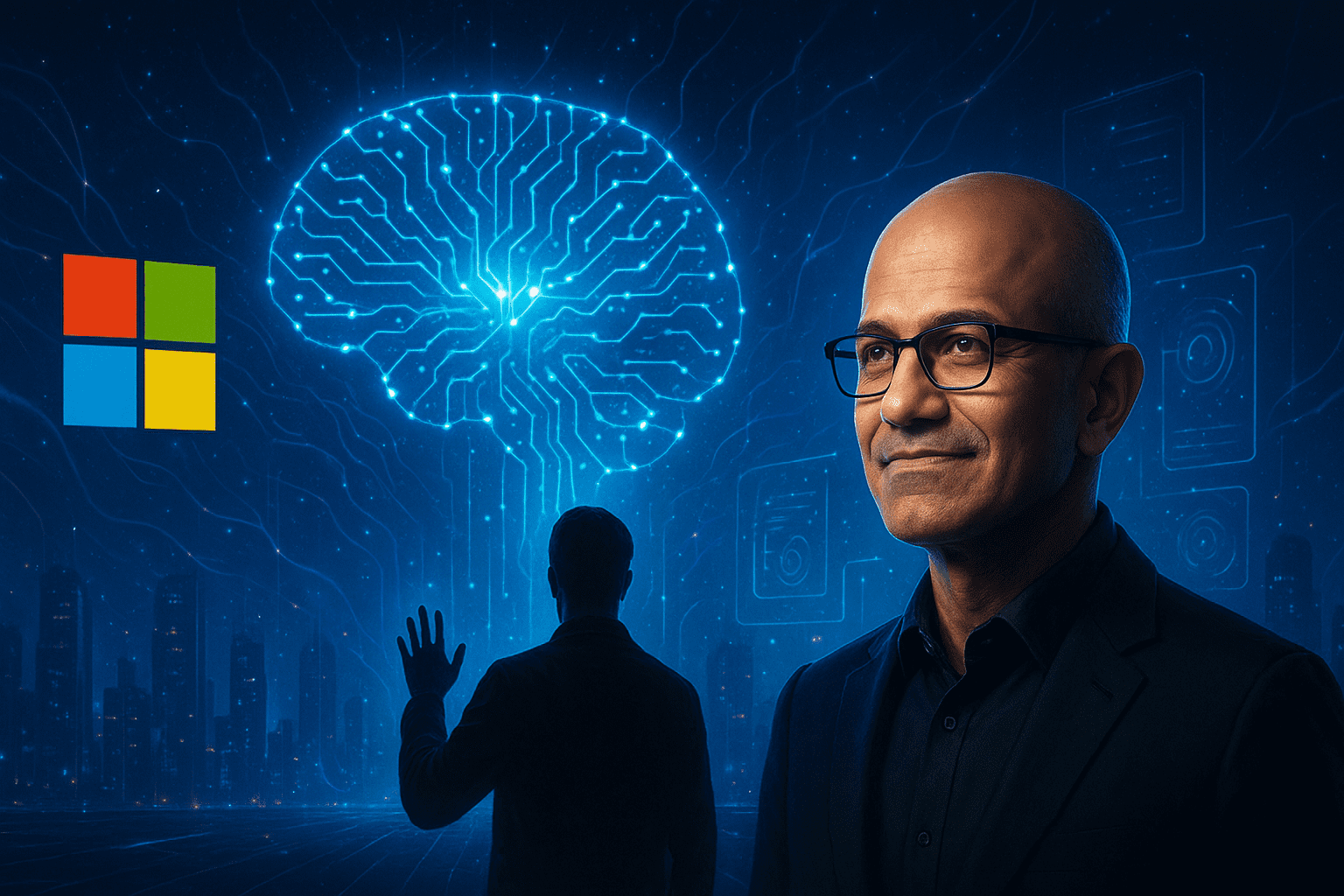 Satya Nadella with Microsoft logo and futuristic AI neural network, symbolizing Microsoft’s in-house AI models and strategy shift.