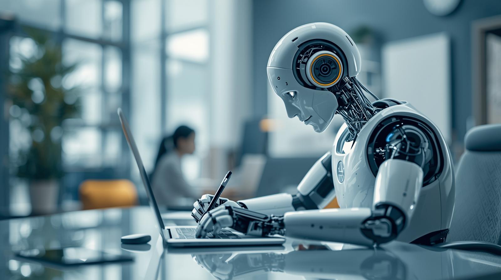 A humanoid robot writing on a laptop in an office, symbolizing AI becoming an expert writer with the right prompt.